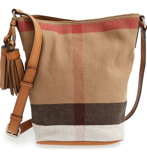 burberry canvas check and leather bucket bag|Burberry calfskin leather tote.